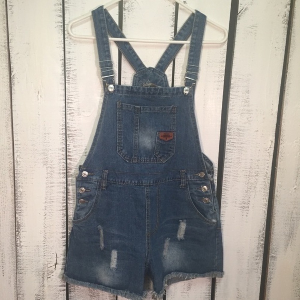 Gudaozhanmo Denim Distressed Overalls Medium